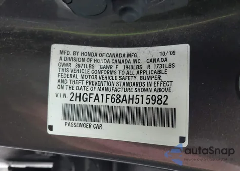 2010 Honda Civic Lx-S z USA, uszkodzony, nr VIN 2HGFA1F68AH515982